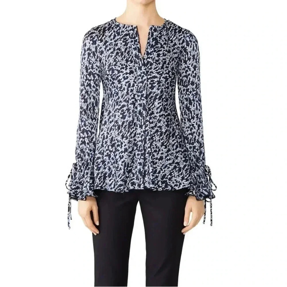 Derek Lam Blue Black Leopard Spotted Womens Button Down Blouse Size 4 - Picture 1 of 12